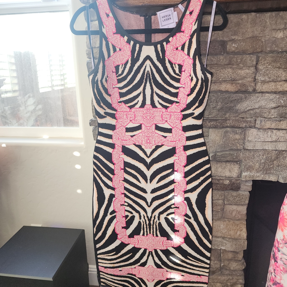 Herve Leger Pink and Black Zebra Midi Dress